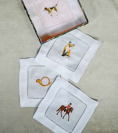 Red Fox embroidered cocktail napkins - Lydia Marie Elizabeth Collection